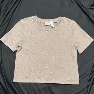 Elie Tahari Pearl-Embellished Tan Crop Top